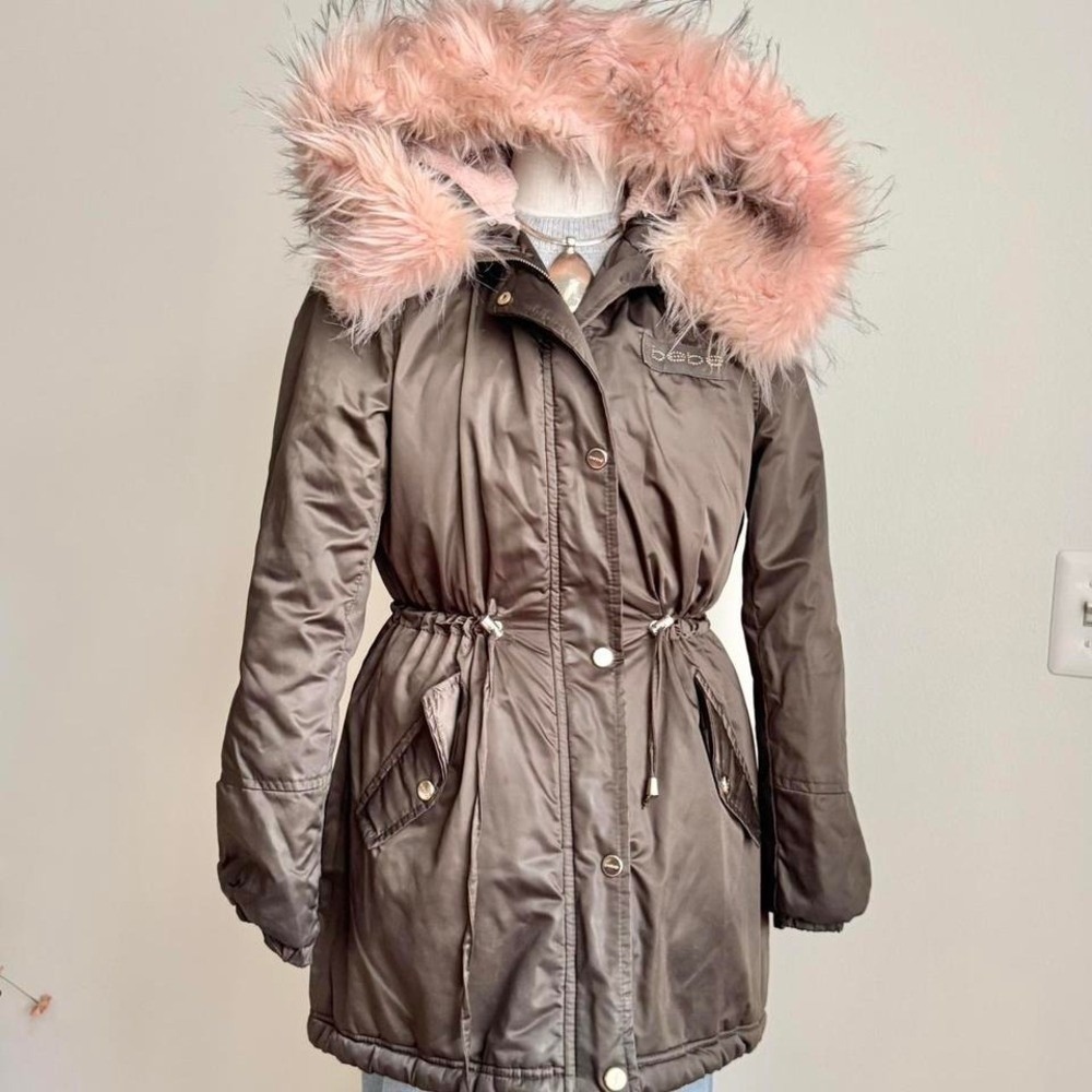 Y2K Bebe puffer jacket olive green pink faux fur fleece size medium ski snow